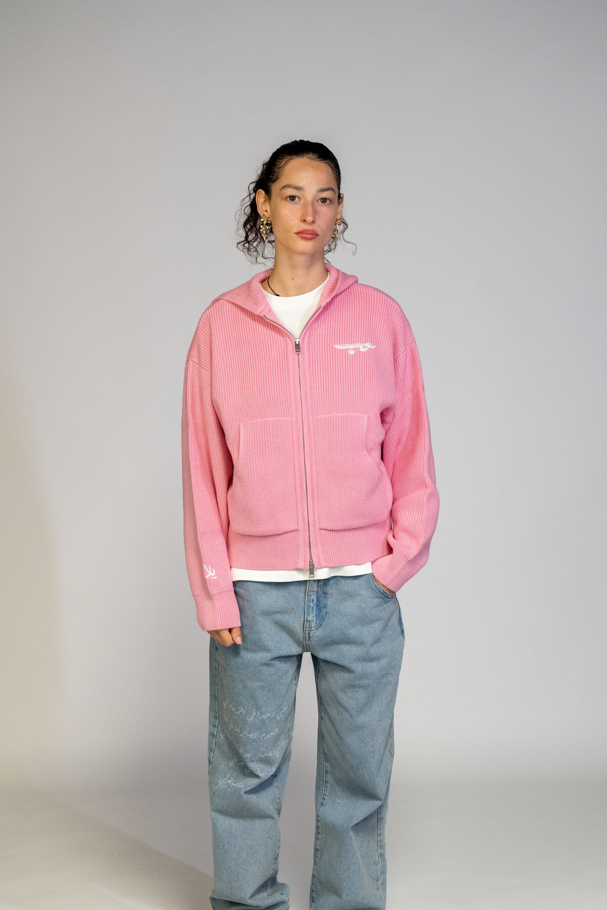LOVE حب Knit Zip Hoodie - Pastel Pink