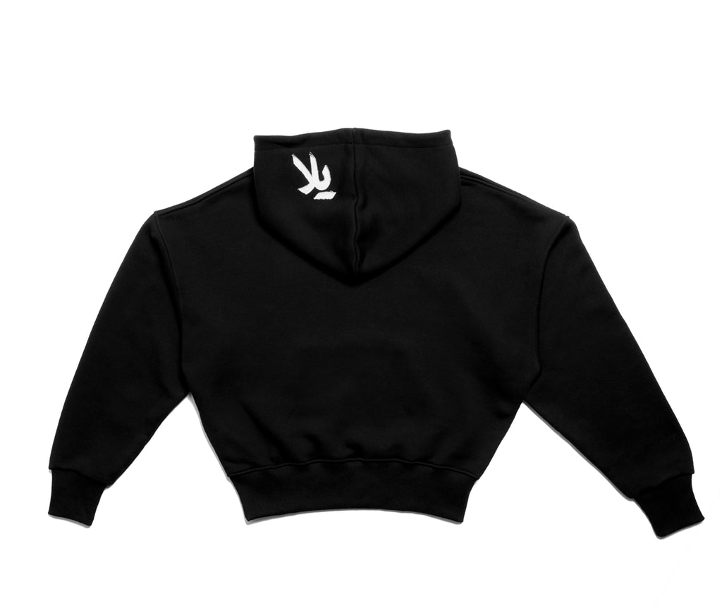 Boxy Schnitt Hoodie - Black with White "قوة" Fabric Stitching